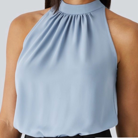 Halara Powder Blue High Neck Halter Blouse L Pleated Neck Sleeveless Flowy Top - Picture 4 of 4